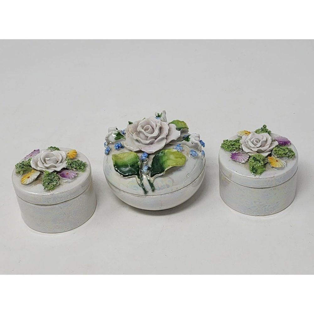 Vintage Germany Small Hand Painted Trinket Boxes Luminescent Translucent Roses‎